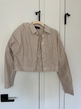 Vici Tan and White Striped Cropped Button-Up Jacket